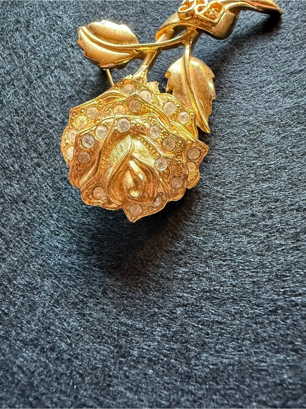 Vintage RC Signed Gold Tone Rhinestone Rose Brooch Floral Statement Pin